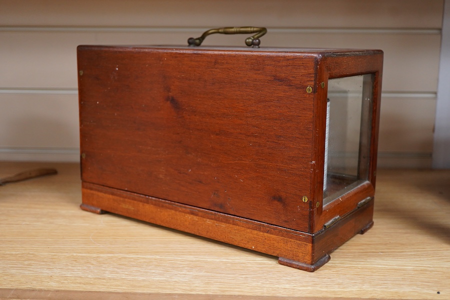 A late 19th century mahogany cased barograph by Wilson, Warden & Co. Ltd., London, No.4839/45, with hinged lid and integrated pen drawer to the base, 32cm wide, 20cm high, 16cm deep